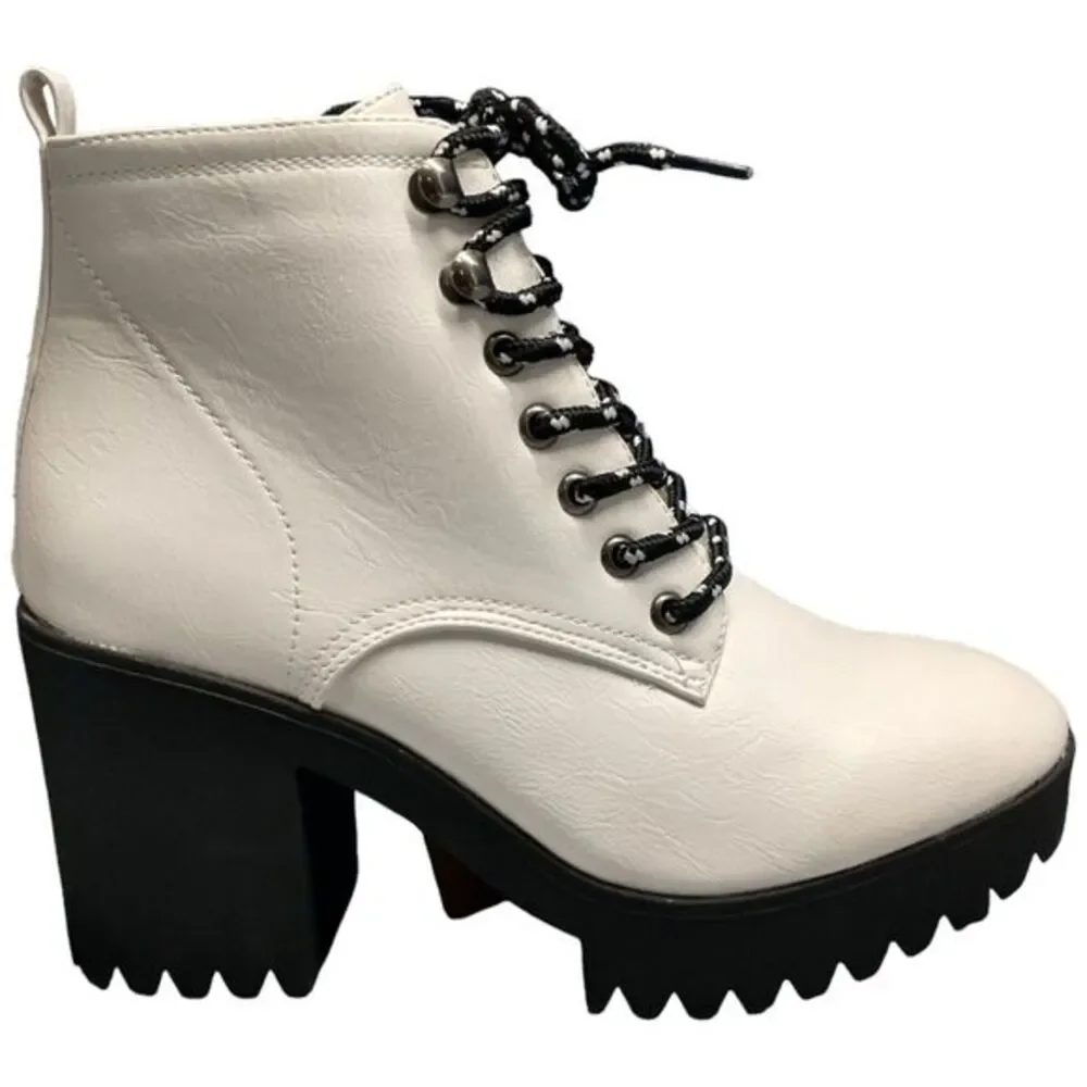 Seven7 Flatiron Platform Boots Women Size 9 White Lace UP Block Heel Side Zipper